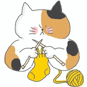 編み物をする三毛猫ちゃん♪ かわいい,編み物,編む,靴下,毛糸,作る,ハンドメイド,手作り,趣味,ねこのイラスト素材