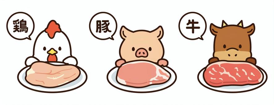 皿に乗った各々のお肉とかわいい鶏・豚・牛 鶏,豚,牛,吹き出し,pop,肉,チラシ,食育,家畜,食べ物のイラスト素材