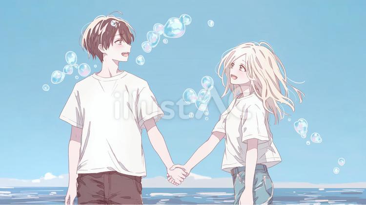 「青空の下、泡に包まれる二人」 青空,泡,カップルのイラスト素材