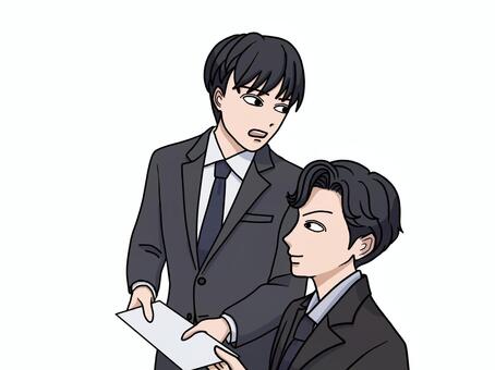 会話しながら資料を渡すスーツ姿の男性 会話,書類,渡す,提出,スーツ,男性,話,資料,ビジネス,リアクションのイラスト素材