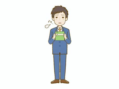 スーツを着た男性が通帳を見てため息 スーツ,男性,ため息,貯金,通帳,普通預金,定期預金,口座,預入,引き出すのイラスト素材