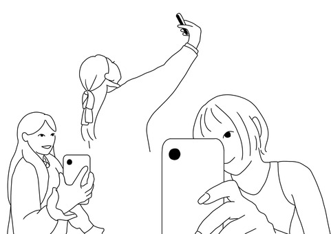 自撮りする女の子達線画 自撮り,女の子,女性,スマホ,セルフィー,撮影,写真,インフルエンサー,配信,カーディガンのイラスト素材