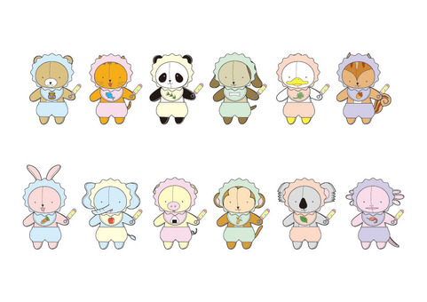 ちびぬい赤ちゃん ぬいぐるみ,動物,ちびぬい,赤ちゃん,スタイ,ガラガラ,くま,ねこ,パンダ,いぬのイラスト素材