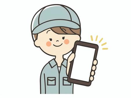 スマホ画面を見せる作業員女性 作業員,清掃員,スマホ,画面,見せる,登録,誘導,紹介,案内,説明のイラスト素材