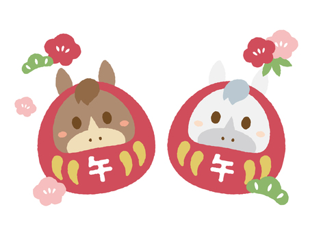 栗毛と芦毛の2対の馬の干支だるま だるま,馬,午年,縁起物,年賀状素材,お正月,ポップ,和,白馬,芦毛のイラスト素材