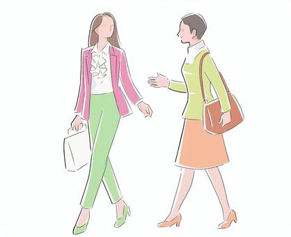 歩く女性会話する　シンプル 女性,全身,歩く,会話,シンプル,２人,横,明色,若いのイラスト素材