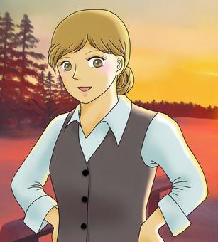 夕日の中の女性 夕日,女性,上半身,ol,30代のイラスト素材