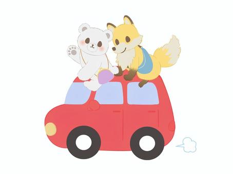 車に乗っておでかけ　(白くま・きつね) 白くま,きつね,動物,こども,車,全身,ドライブ,乗る,がま口財布,ボディバッグのイラスト素材