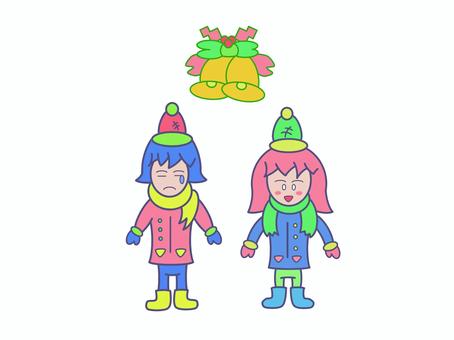 楽しいクリスマス クリスマス,冬,帽子,ベル,二人,かわいい,笑顔,涙のイラスト素材