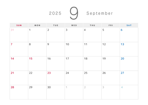 A4印刷：カレンダー 日曜始まり（A2作 印刷用,9月,カレンダー,2025,2025年,マンスリー,月間,横型,スケジュール,シンプルのイラスト素材