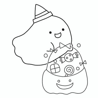 ハロウィンお菓子を運ぶおばけ ハロウィン,おばけ,お菓子,キャンディ,秋,モノトーン,塗り絵,可愛い,ゆるい,手描きのイラスト素材