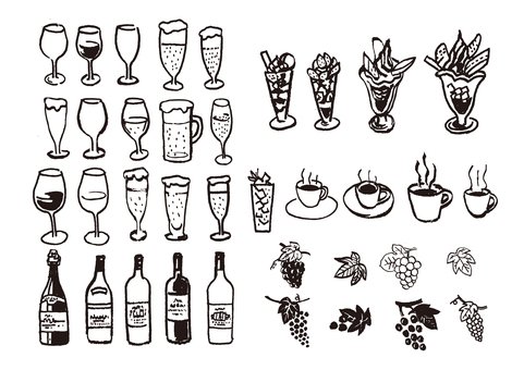 ドリンク墨絵1 ドリンク,飲み物,グラス,ワイン,赤ワイン,白ワイン,スパークリング,シャンパン,ブドウ,ビールのイラスト素材