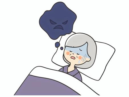 悪夢にうなされるおばあさん 悪夢,うなされる,寝苦しい,苦しい,しんどい,不調,体調不良,不眠,不眠症,呼吸困難のイラスト素材
