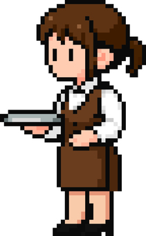ドット絵の茶色のウェイトレスです。 ドット絵,レストラン,シンプル,サービス,ホール,フロア,配膳,飲食業,接遇,オーダーのイラスト素材