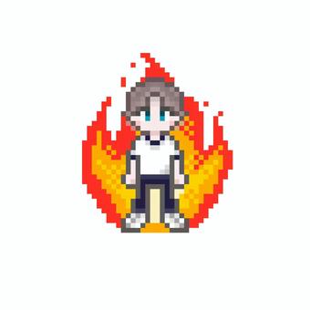 ドット絵の燃える半袖ジャージの男子生徒 ドット絵,ピクセル,ピクセルアート,男子高校生,かわいい,炎,火,燃える,熱血,やる気のイラスト素材