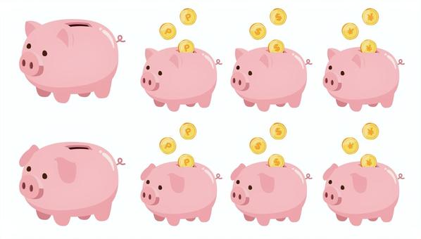 ブタの貯金箱のイラストセット ブタ,貯金箱,豚の貯金箱,円,ドル,ポイント,ポイ活,貯める,貯金のイラスト素材