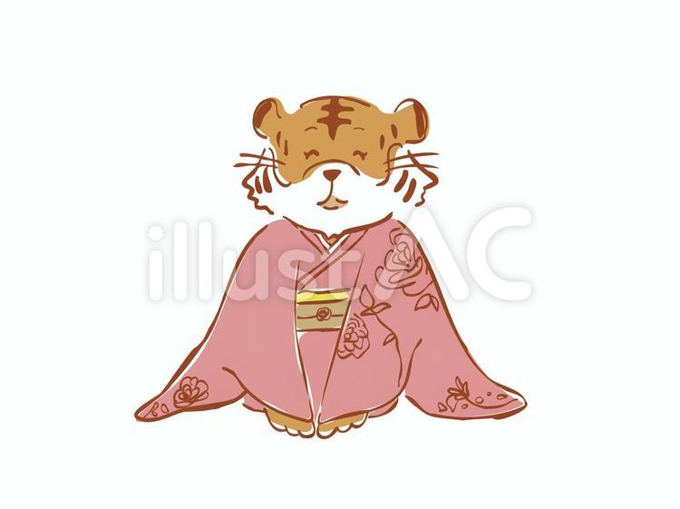 着物姿の虎　正座でご挨拶　笑顔 女性,笑顔,可愛いのイラスト素材