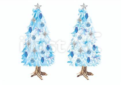《水彩風》クリスマスツリー_白青2
