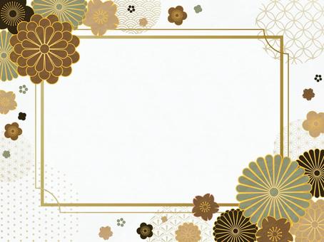 和の花柄のゴールドフレーム  緑,茶色,ベージュ,花柄,新年,謹賀新年,菊,梅,桜,鹿の子のイラスト素材