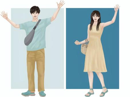 待ち合わせ　お別れ　男女　青春　背景色有 待ち合わせ,お別れ,男女,全身,ファッション,ワンピース,スニーカー,サンダルのイラスト素材