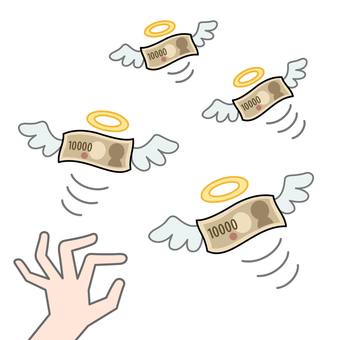 空を飛んでいくお金 お札,紙幣,飛んでいく,空,お金,一万円札,浪費,無駄遣い,出費,翼のイラスト素材