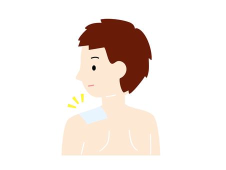 湿布を肩に貼った男性のイラスト 湿布,健康,肩こり,人物,男性,大人,上半身,後ろ,背中,ケガのイラスト素材