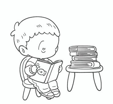 読書をする子どもの白黒手描きイラスト2 読書,白黒,手描き,子ども,本,かわいい,挿絵,モノクロ,線画,保育園のイラスト素材