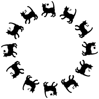 ご機嫌にゃんこのフレーム　黒 猫,フレーム,黒,丸,ハート,音符のイラスト素材