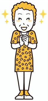  大阪のおばちゃん(黄)-137-全身 感動,おばちゃん,大阪,ヒョウ柄,おばはん,中年,女性,関西,派手,おばさんのイラスト素材