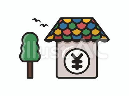 カラフルな家と円マークのアイコンイラスト