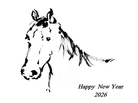 年賀状素材　ラフな感じの馬の顔 年賀状,馬,令和8年,午,2026年,動物,顔,ハッピーニューイヤー,シンプル,白黒のイラスト素材