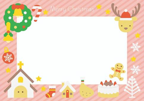 かわいいクリスマス背景-横4 クリスマス,冬,イベント,トナカイ,ツリー,家,リボン,ジンジャーブレッドマン,星,クリスマスチキンのイラスト素材