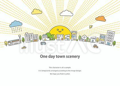 朝日が昇る街並みイラスト