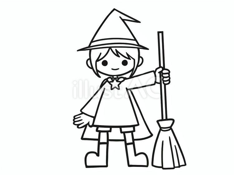 ハロウィン　魔法使いマント付き　箒　線画 マント,ホウキ,ハロウィンのイラスト素材