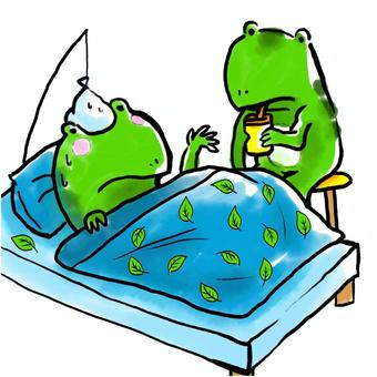 カエル8 カエル,風邪,布団,葉,アイコン,落書き,水彩画,和風のイラスト素材