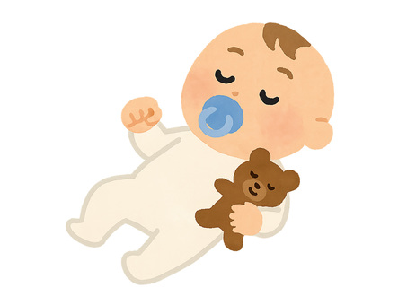 おしゃぶりをくわえて寝ている赤ちゃん 赤ちゃん,おしゃぶり,寝ている,ぬいぐるみ,白い服のイラスト素材