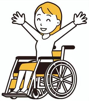  ロングヘア女性(黄)-296-全身 車いす,女性,女の子,人物,かわいい,障害者,車椅子,座る,わーい,喜ぶのイラスト素材