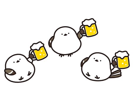 ビールで乾杯するシマエナガ３羽 シマエナガ,鳥,動物,ビール,献杯,友達,友人,家族,食事会,飲み会のイラスト素材