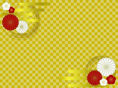 梅と菊の花の和柄背景（ゴールド） 和柄,市松模様,年賀状,梅,菊,霞文様,毛筆,正月,金,紅白のイラスト素材