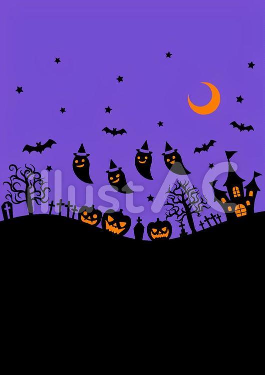 影絵的オバケと月夜のハロウィン背景紫タテ ハロウィン,背景,枠のイラスト素材