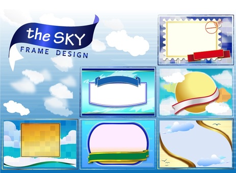L-0053 カード：the sky 空,雲,初夏,フレーム,青,水色,青空,黄色,カードデザイン,鳥のイラスト素材