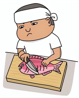 魚をおろす男性 魚をおろす男性 男性,ゆるい,かわいい,手描き,料理,さばく,包丁,魚,まな板,タオルのイラスト素材