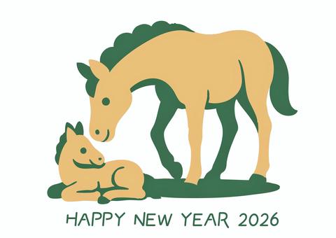 親子の馬の年賀状素材ダブルトーンイラスト 馬,ウマ,かわいい,可愛い,動物,干支,家族,ダブルトーン,親子,2026のイラスト素材
