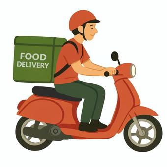 バイクでフードデリバリーする配達員 フードデリバリー,出前,配達,男性,原付バイク,スクーター,ヘルメット,バイト,日雇い,オレンジのイラスト素材