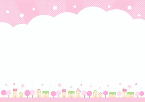 桜と春の街並みの背景 桜,春,街並み,花,空,雲,かわいい,おしゃれ,コピースペース,背景のイラスト素材