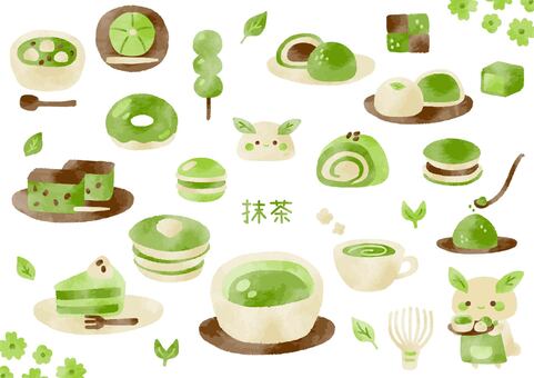 水彩風のかわいい抹茶のイラストセット 抹茶,セット,食べ物,スイーツ,かわいい,飲み物,和菓子,洋菓子,植物,葉のイラスト素材