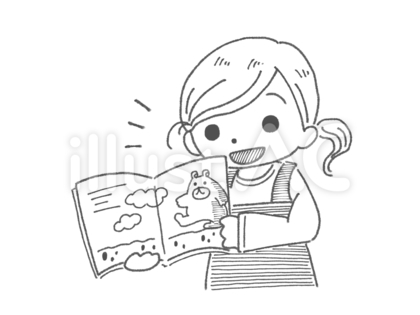 絵本の読み聞かせをする女性(白黒)