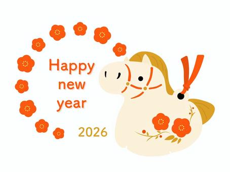 かわいい馬と花の和風な年賀状素材　2 午年,午,2026年,2026,馬,馬年,年賀状,お正月,１月,冬のイラスト素材
