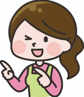 Pointing woman, apron, finger pointing, a cook, JPG, PNG and AI