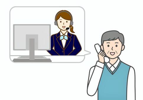 電話で問い合わせ・相談をする高齢者男性 電話,受話器,問い合わせ,相談,コールセンター,女性,パソコン,オペレーター,ヘッドセット,仕事のイラスト素材